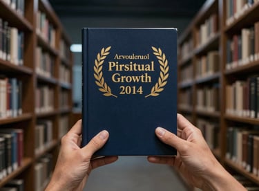 A spiritual growth book held in a pair of hands, with a background of a professional modern library in deep navy tones.
