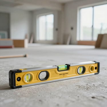 Professional construction tools and high-quality spirit level resting on a clean concrete floor in a bright, modern interior site.