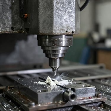 An engineer in a professional uniform monitoring a digital CNC control panel. The screen shows technical paths in #4C6A89 blue.