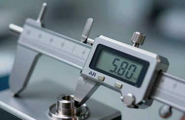Close-up of a digital micrometer measuring a high-precision metal component to demonstrate accuracy. Professional lighting highlights the #A5B8CC metal finish.