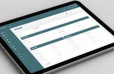A close-up of a structured digital dashboard or business planner on a high-end tablet, professional, organized, and featuring muted teal #476A6B accents.