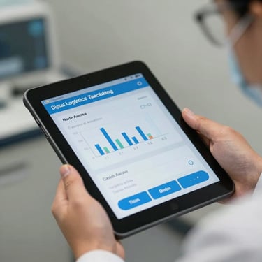 A close-up photograph of a digital logistics tracking tablet held by a professional in a clinical setting in North America.