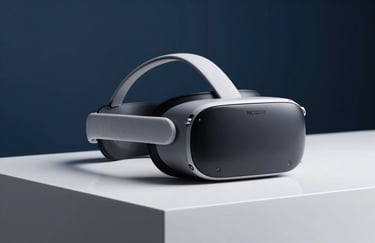 A minimalist product shot of a high-end VR headset resting on a white polished surface, with a deep blue background and soft side lighting.