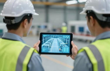A clean shot of two engineers in North American / International looking at a sleek tablet that is projecting a light blue hologram of a factory floor layout.