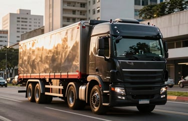 A sleek black towing truck driving along a modern urban avenue in São Paulo during the golden hour. The sunlight reflects off the metallic red accents of the truck. Professional photography, South American / Brazilian setting.