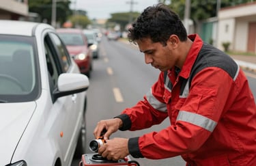 A professional technician wearing a red and black uniform providing roadside assistance to a driver on a busy Brazilian avenue. The scene focuses on the expert interaction and safety equipment. Daylight.