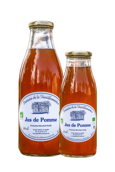 Bouteille de jus de pomme bio, normand, cidrerie de la Gentilhommière à Osmoy-Saint-Valéry