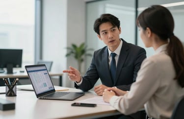 A financial advisor sitting at a modern desk with a laptop, explaining data on a screen to a client in a sophisticated, well-lit North American office.