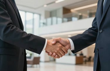 A high-quality photo of two professionals shaking hands in a bright, modern lobby, conveying trust and partnership within an International / English-speaking market context.