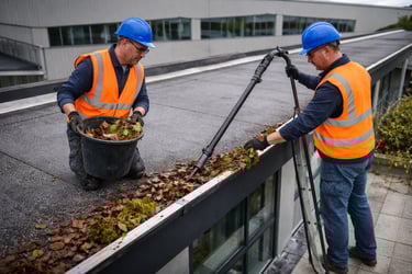 Shepperton Roofing clearing and cleaning the gutters of commercial premises in Shepperton