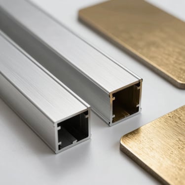 Selection of high-end building materials including silver aluminium profiles and metallic gold samples on a white surface, professional lighting.