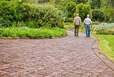 Two senior men walking together on a curved brick path through a lush green garden landscape.