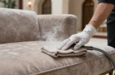 Close-up of hands in white gloves carefully steam-cleaning a luxury velvet sofa in a Gulf-style villa interior, elegant soft lighting.