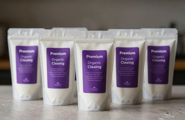 Premium organic cleaning products in minimalist packaging with purple labels, arranged neatly on a polished light surface, high-end lifestyle photography.