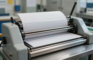Detailed shot of a professional heavy-duty paper cutter in action in a North American shop. The metal is polished and clean, reflecting a sterile and precise medical-industry standard, with soft natural light.