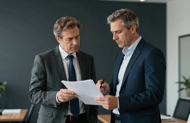 A professional photograph of two experts in business attire discussing a security report in a minimalist office with Dark Navy walls.