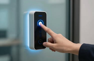 A close-up photograph of a hand touching a secure biometric scanner on a modern glass door, with a soft Alice Blue glow and a professional atmosphere.