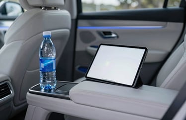 Interior of a luxury vehicle showing amenities like a bottle of mineral water and a clean tablet for guest use, soft white leather seats, dusty blue ambient lighting, South American / Brazilian context.