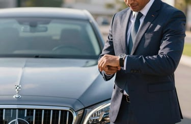 A professional chauffeur checking a classic wristwatch while standing by a luxury car, South American / Brazilian business attire, sharp focus, morning lighting, steel blue palette.