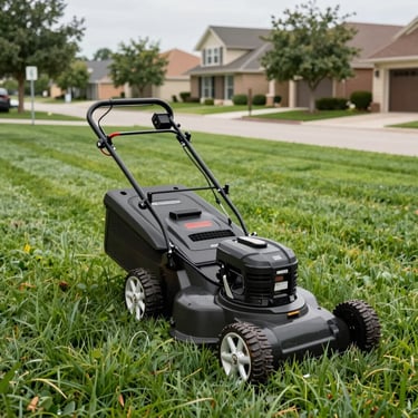 A high-end commercial lawn mower cutting precision stripes into a lush green lawn in a suburban North American Texas neighborhood.
