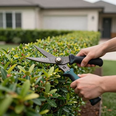 A landscape professional in Texas using hand tools to prune a decorative hedge with precision, with a clean and modern residential garden in the background.