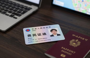 A modern and clean photograph of a Taiwan Resident Certificate (ARC) and a passport on a dark wood desk, next to a laptop showing a Taipei map. Moody lighting with #2C3E50 and #B3A38C accents.