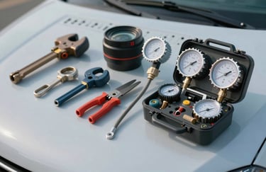 A set of high-quality professional HVAC tools and a manifold gauge set arranged neatly on a sky blue mist surface in a North American / US service van.