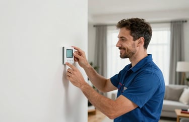A smiling professional HVAC technician adjusting a smart thermostat on a crisp white wall in a modern North American / US living room.