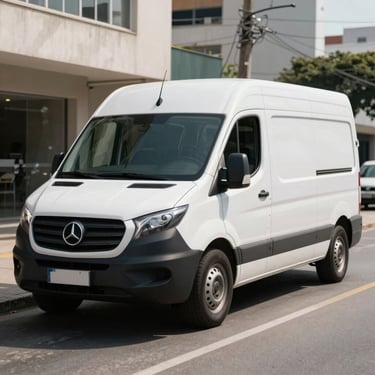 A clean, modern white delivery van with subtle navy accents parked on a well-lit street in a Brazilian urban area. Daylight, professional setting. América do Sul / Brasileiro.