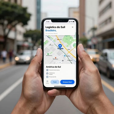Close-up of hands holding a smartphone displaying a logistics tracking map app with a clean interface. Outdoors in a Brazilian city during daytime. América do Sul / Brasileiro.