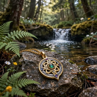 A gold celtic knot pendant with an emerald stone on a rock by a forest waterfall.
