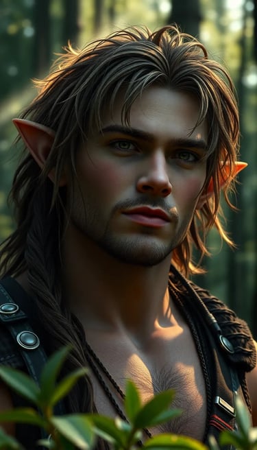 Portrait of a handsome male elf with pointed ears and long brown hair in a sunlit forest.
