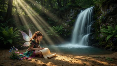 A magical forest fairy writing on a scroll by a misty waterfall with sunbeams and lush ferns.