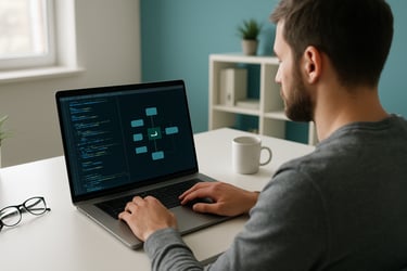 An over-the-shoulder shot of a developer working on an AI application on a Mac in a contemporary North American workspace. The scene is bright and motivating, featuring a clean aesthetic with off-white and teal colors.