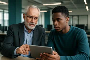 A senior tech professional mentoring a young adult in a high-tech North American office setting. They are looking at a tablet together, emphasizing knowledge transfer, inclusion, and high standards in a professional teal and off-white environment.