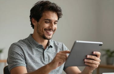 A South American / Brazilian professional smiling while looking at a tablet, representing modern and accessible financial management.
