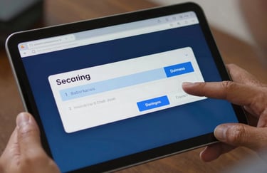A close-up photo of a professional digital screen showing a secure banking transaction in Navy Blue and Steel Blue tones, held by South American / Brazilian hands.