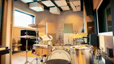 A Hayman Vibrasonic drum kit in the live room of Studio A at Urchin Studios