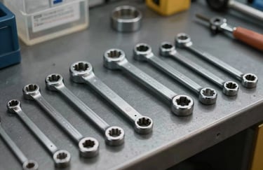 A collection of polished chrome mechanic tools organized neatly on a dark gray workbench in a professional North American service center.