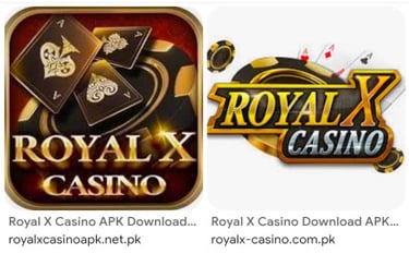 Royal X Casino app icons featuring playing cards, poker chips, and gold typography for APK download.