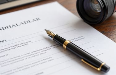 Close-up of legal documents and a classic fountain pen on a desk, representing precision in civil and labor law, South American professional setting, clean and bright lighting.