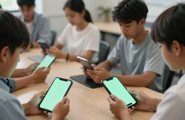 A group of focused learners in a tech-centric classroom using handheld devices with glowing mint green screens. Global / English-speaking.