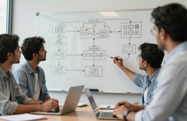 A team of South Asian developers in a modern boardroom collaborating around a whiteboard filled with flowcharts and system architecture diagrams.