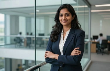 A professional South Asian woman engineer standing in a high-tech glass office in Chennai, smiling confidently, dressed in modern corporate attire.