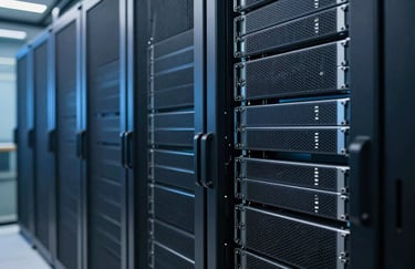 Professional photography of modern data center server racks with soft blue lighting, representing technological security and data infrastructure.