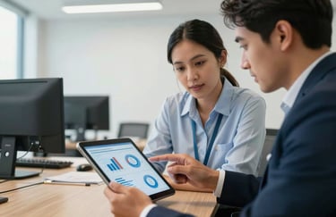 Two colleagues collaborating in a bright, modern office in Latin America, viewing insurance analytics on a tablet screen, professional and corporate atmosphere.