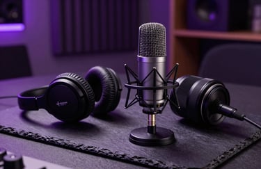 Close-up of high-quality podcast equipment (microphone and headphones) on a dark slate desk in a European / Parisian French studio. Moody lighting with elegant purple glows.