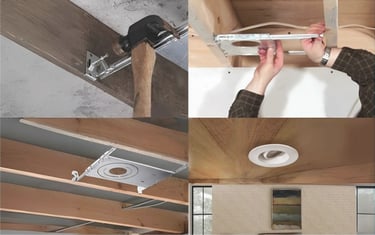 Recessed LED light in coffered wooden ceiling renovation Victoria BC