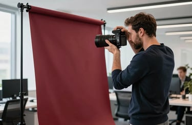 A candid shot of a professional photographer in a modern North American office setting adjusting a Deep Ripe Crimson backdrop for a product shoot.