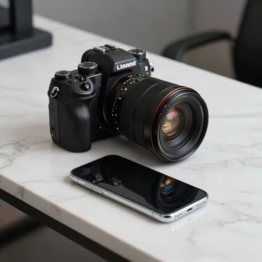 A high-end professional camera and a sleek mobile phone sitting on a polished white marble desk in a North American creative studio.